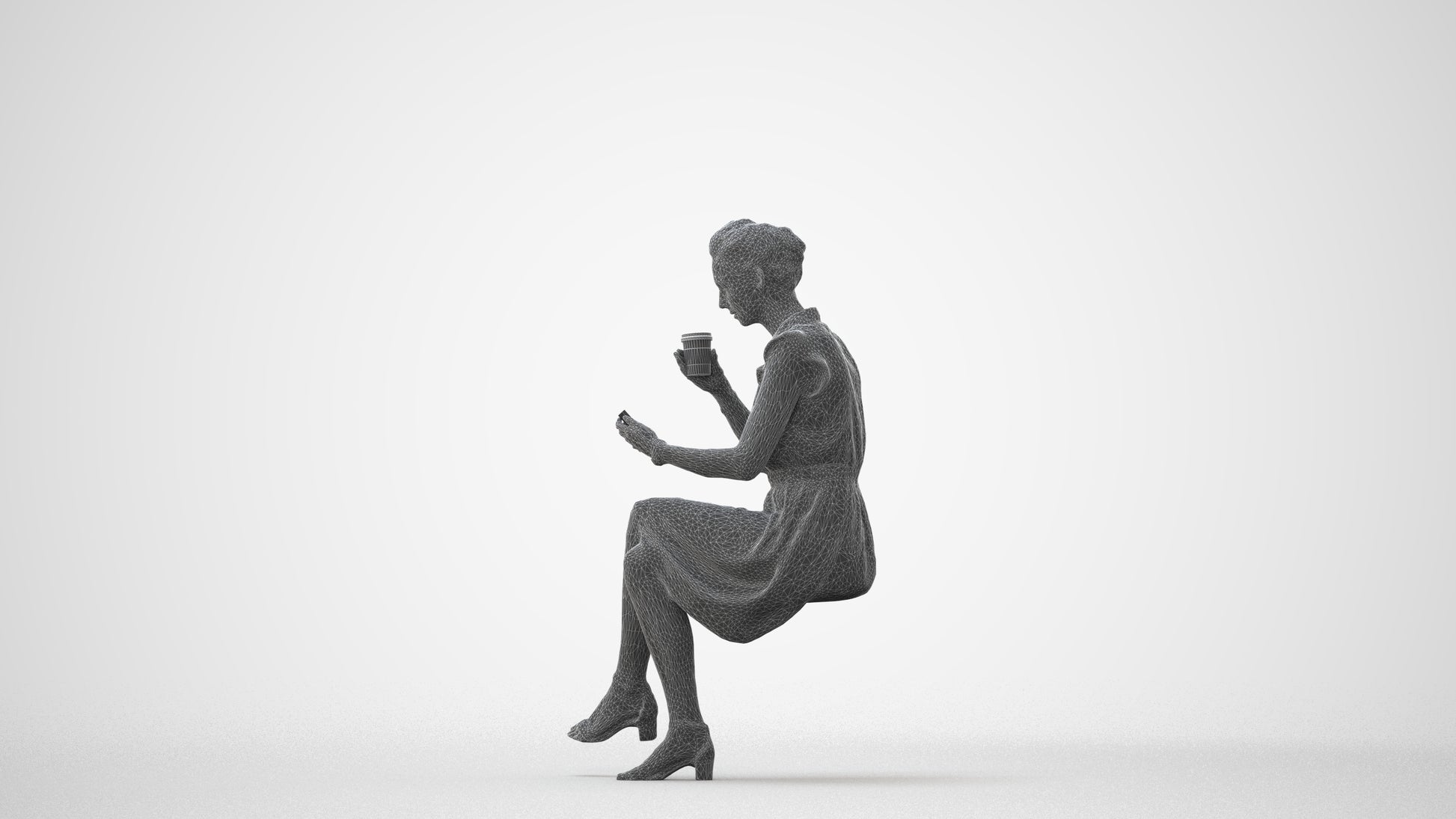 3D scanned woman sitting casual, photorealistic archviz people for Enscape and SketchUp, square thumbnail