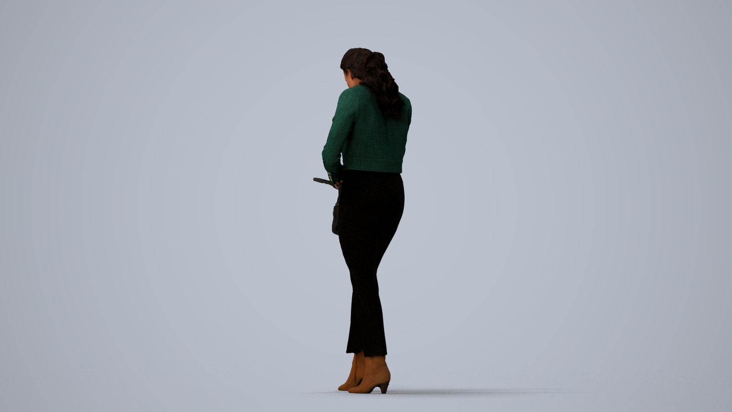 realistic 3D woman business standing, scanned archviz people for Blender and 3ds Max, three-quarter view render