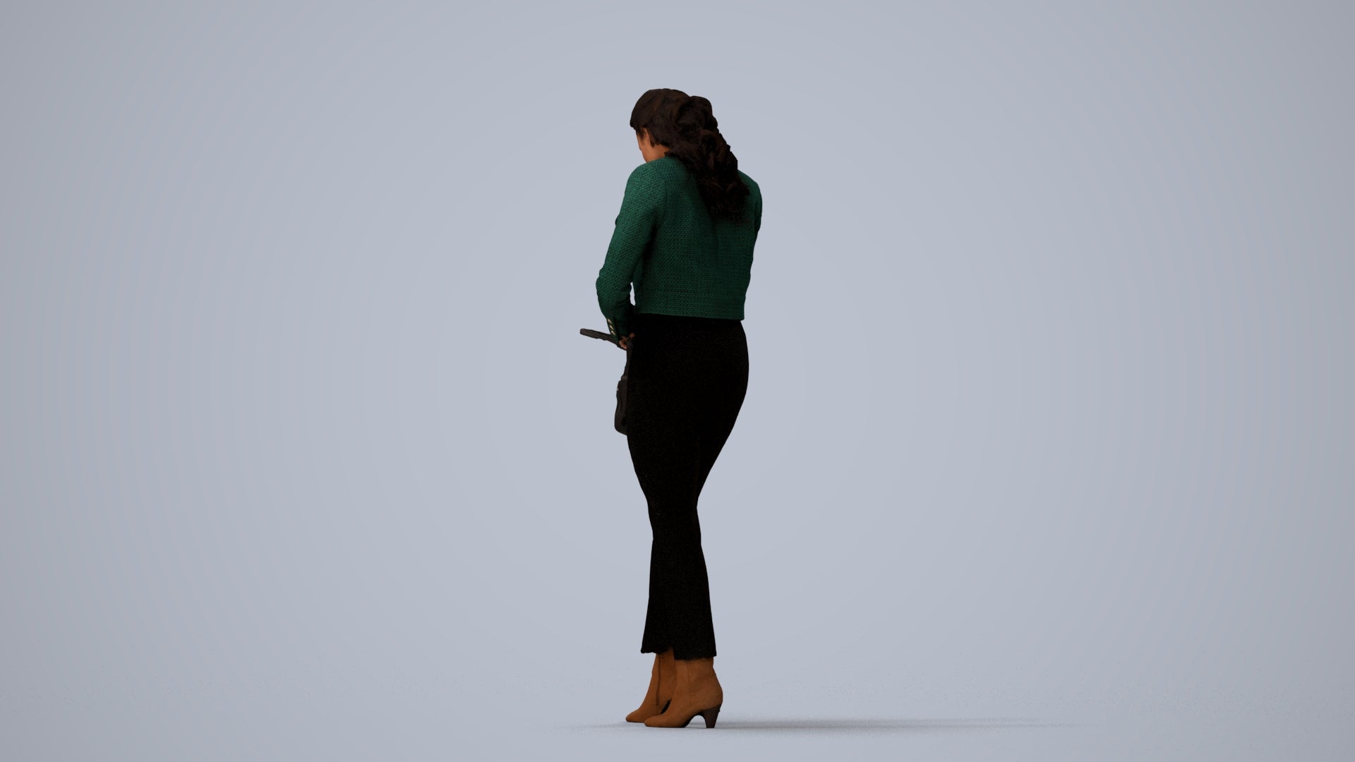 realistic 3D woman business standing, scanned archviz people for Blender and 3ds Max, three-quarter view render