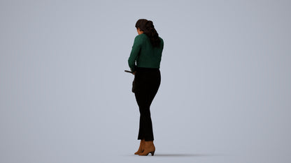 realistic 3D woman business standing, scanned archviz people for Blender and 3ds Max, three-quarter view render