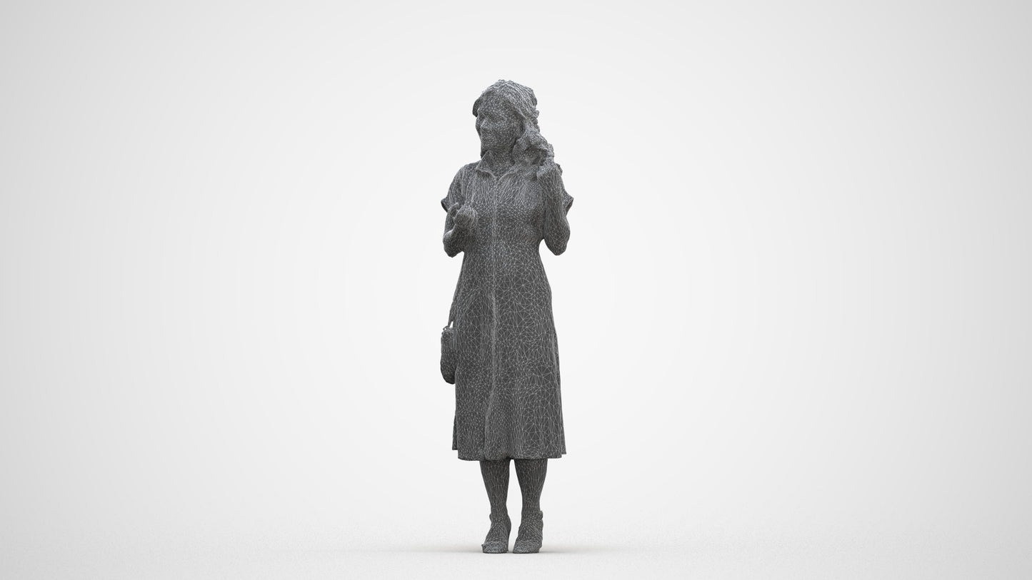 3D human model woman casual standing, photogrammetry scanned person for archviz, three-quarter front view render