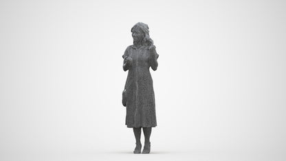 3D human model woman casual standing, photogrammetry scanned person for archviz, three-quarter front view render