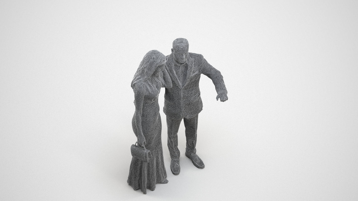 3D people model man formal couple, scanned human for 3ds Max rendering, wireframe three-quarter view