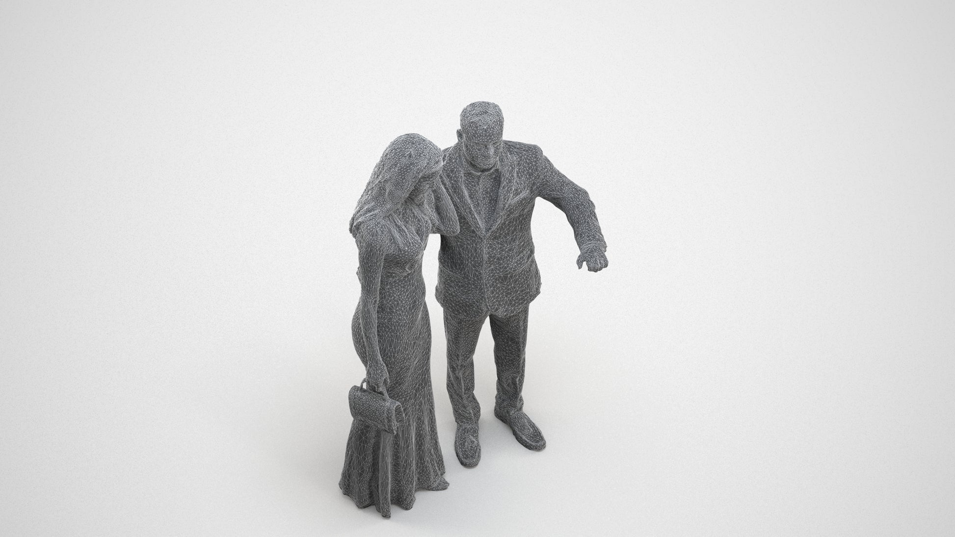 3D people model man formal couple, scanned human for 3ds Max rendering, wireframe three-quarter view
