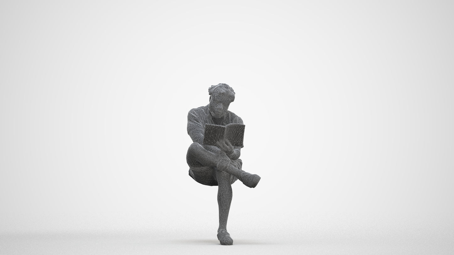 scanned 3D man casual sitting, photogrammetry people for Enscape and V-Ray, three-quarter front view render