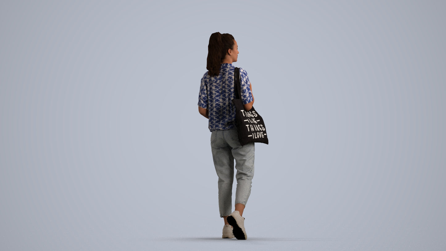 realistic 3D woman casual walking, scanned archviz people for Blender and 3ds Max, front view render