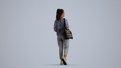 realistic 3D woman casual walking, scanned archviz people for Blender and 3ds Max, front view render