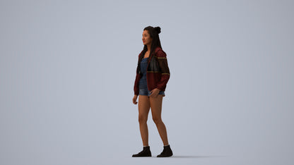 photogrammetry 3D woman casual standing, realistic human model archviz FBX, three-quarter view render