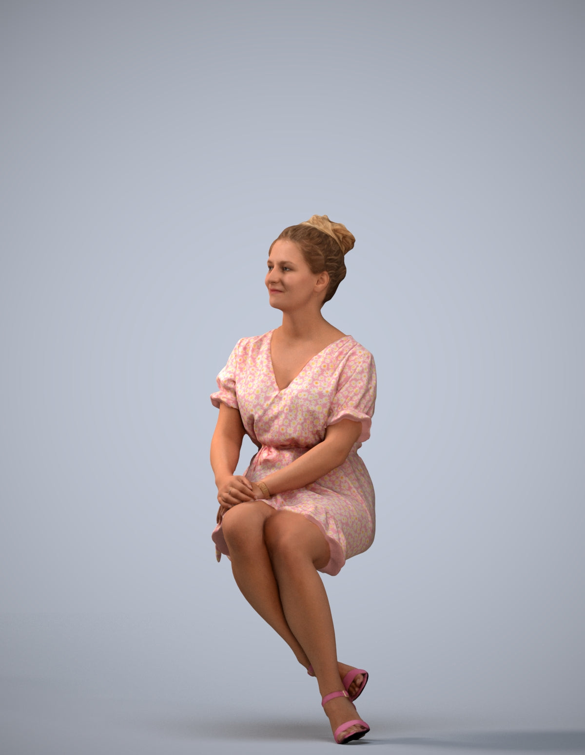 3D scanned woman sitting casual, photorealistic archviz people for Enscape and SketchUp