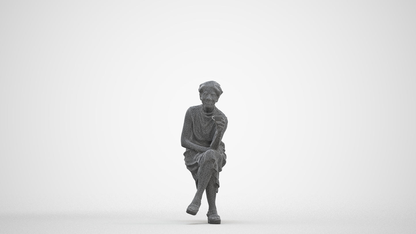 scanned 3D woman casual sitting, photogrammetry people for Enscape and V-Ray, three-quarter front view render