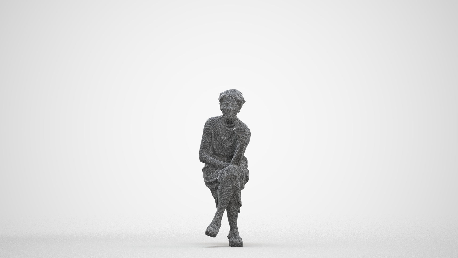 scanned 3D woman casual sitting, photogrammetry people for Enscape and V-Ray, three-quarter front view render