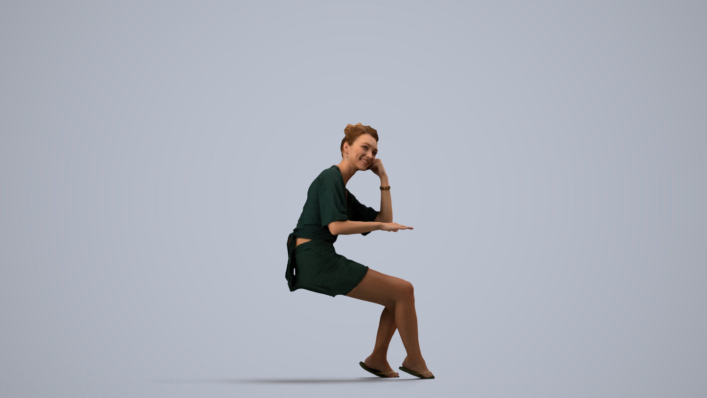 realistic 3D human woman casual sitting, archviz people FBX OBJ for Blender, side view render