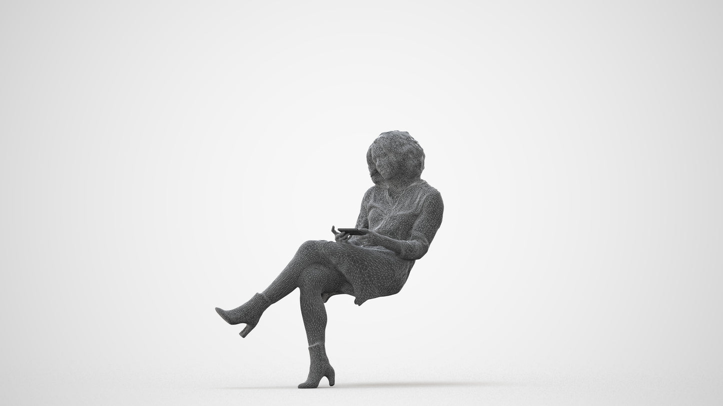 realistic 3D woman casual sitting, scanned archviz people for Blender and 3ds Max, square thumbnail