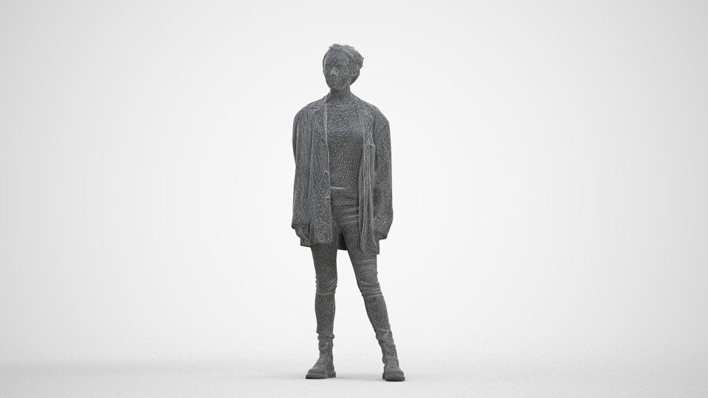3D human model woman casual mix, photogrammetry scanned person for archviz, three-quarter front view render