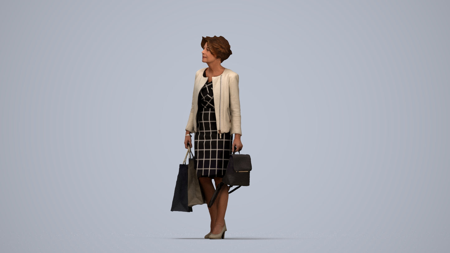 realistic 3D human woman business shopping, archviz people FBX OBJ for Blender, top-down view render