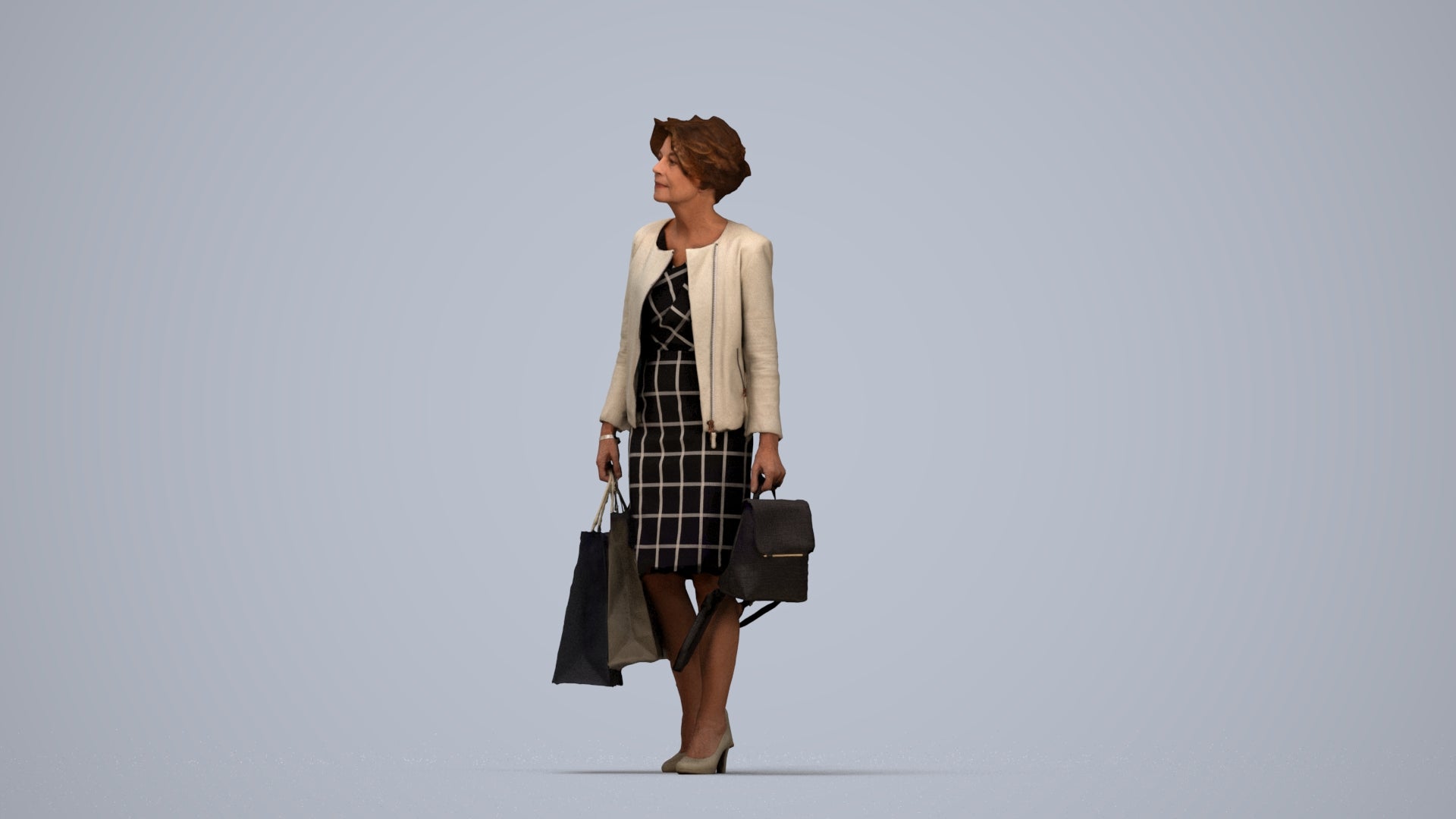 realistic 3D human woman business shopping, archviz people FBX OBJ for Blender, top-down view render
