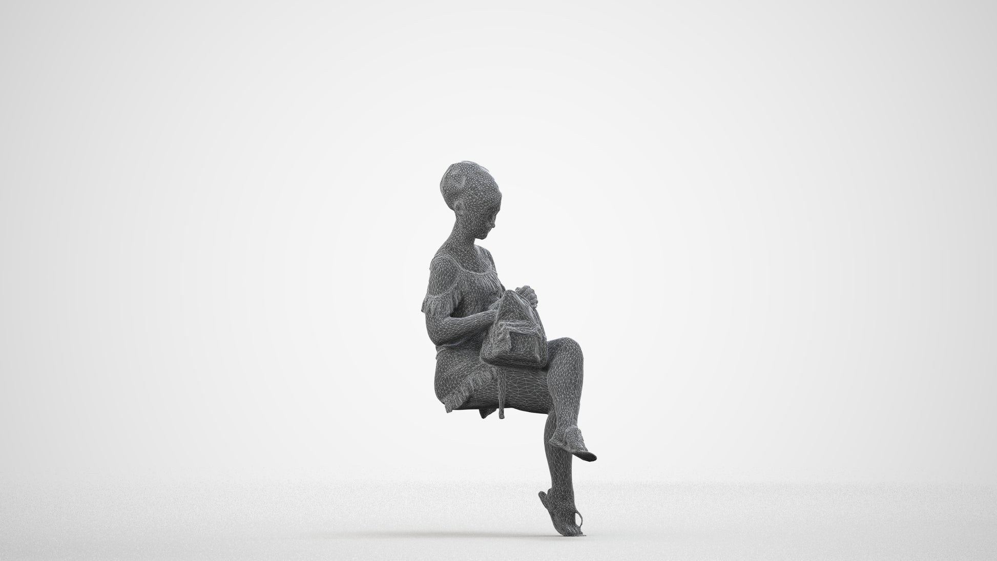 realistic 3D girl casual kids, scanned archviz people for Blender and 3ds Max, wireframe side view