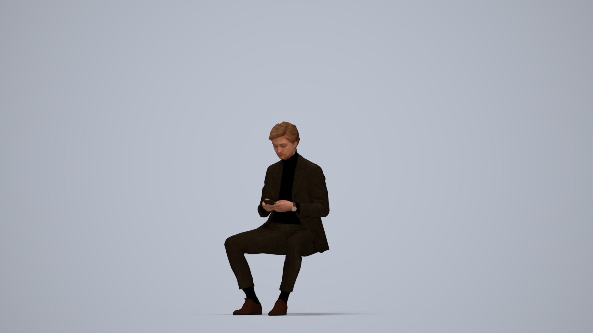 photogrammetry 3D man business sitting, realistic human model archviz FBX, top-down view render