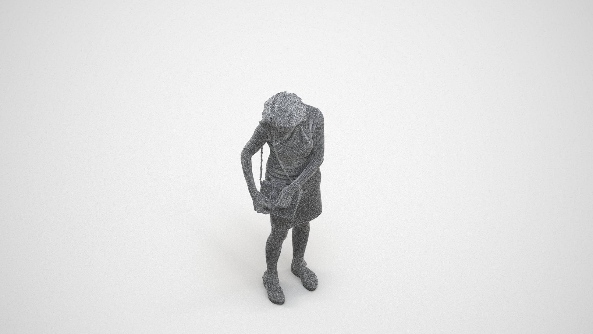 photogrammetry 3D woman business standing, realistic human model archviz FBX, wireframe three-quarter view