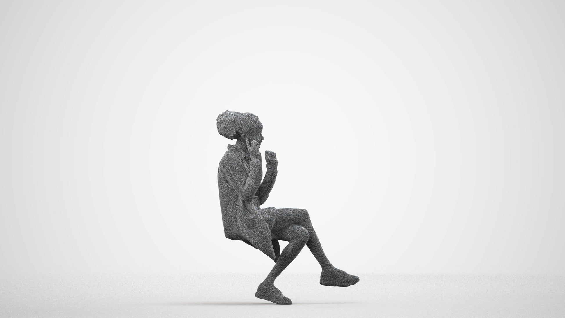 realistic 3D human woman casual sitting, archviz people FBX OBJ for Blender, wireframe side view