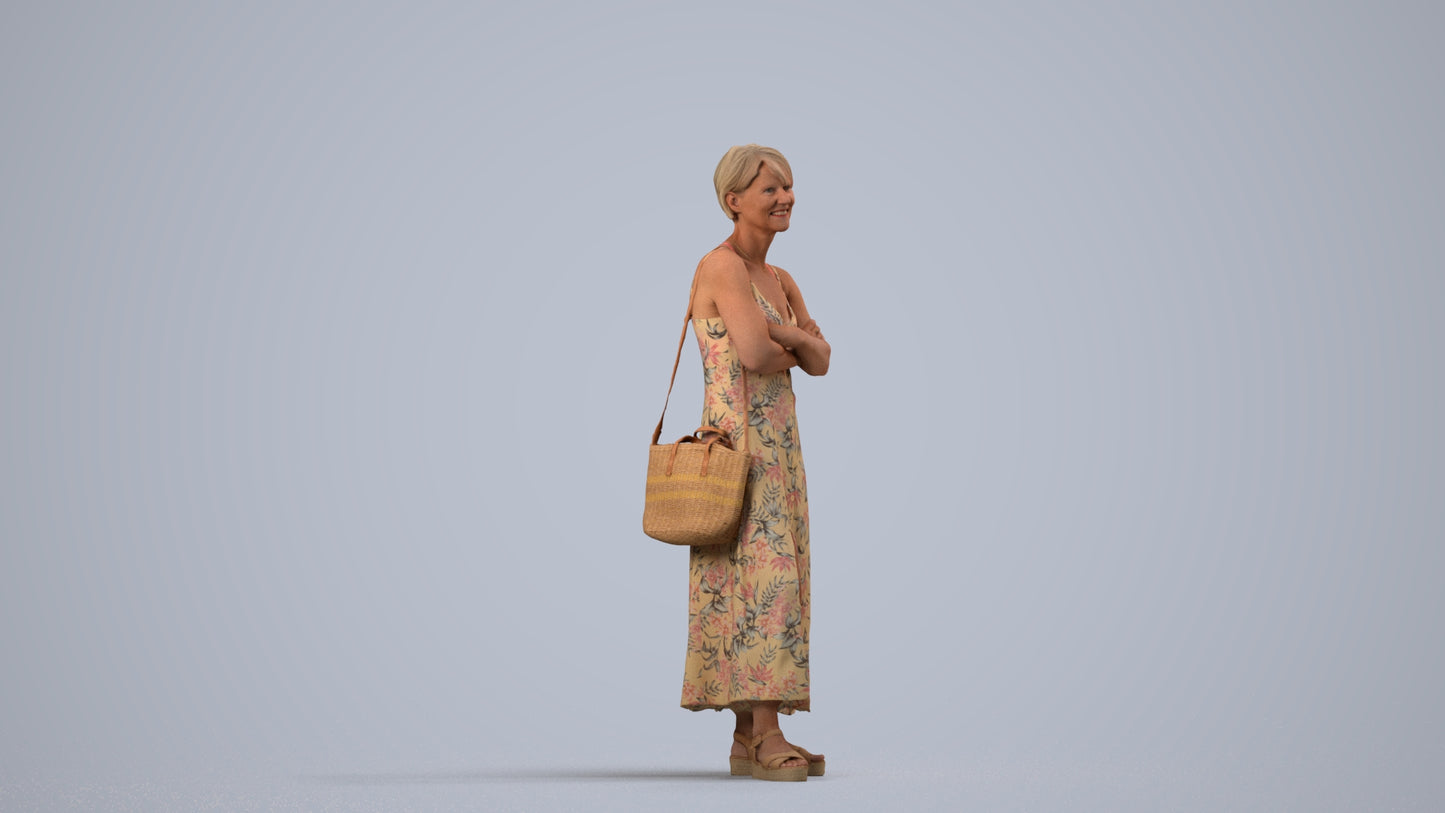 3D human model senior woman standing, photogrammetry scanned person for archviz, side view render