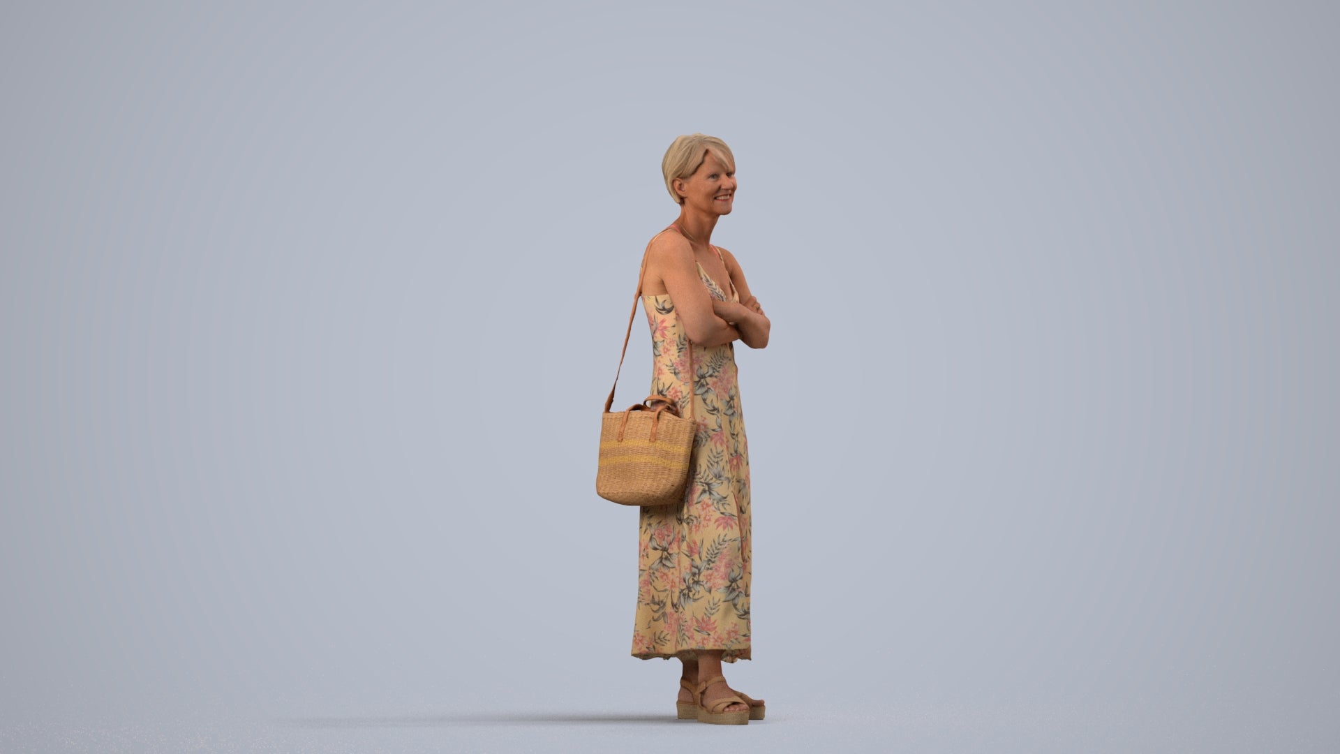 3D human model senior woman standing, photogrammetry scanned person for archviz, side view render