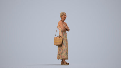 3D human model senior woman standing, photogrammetry scanned person for archviz, side view render