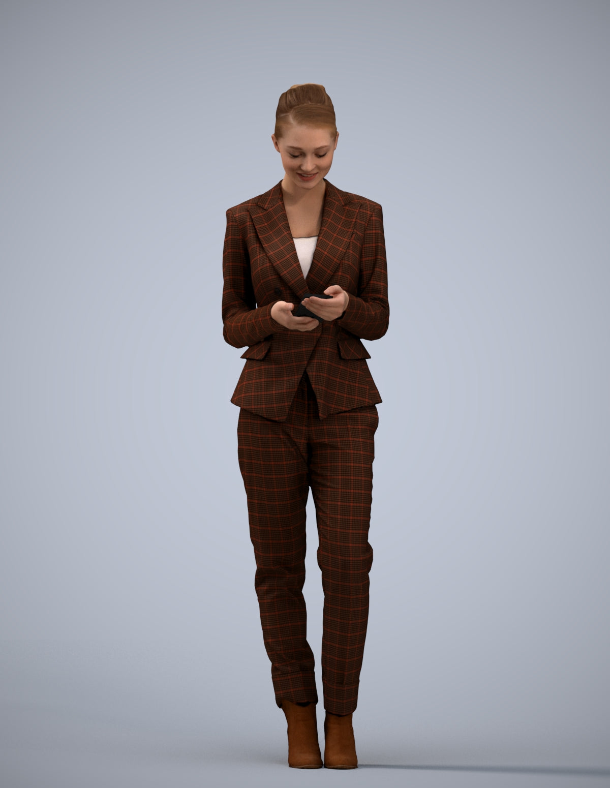 3D human model woman business standing, photogrammetry scanned person for archviz