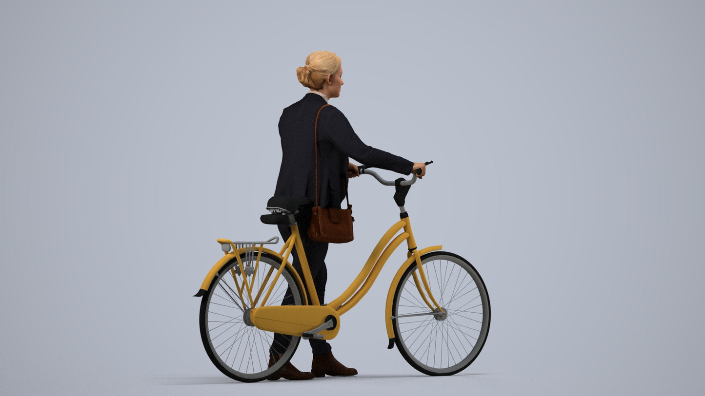 scanned 3D woman business cycling, photogrammetry people for Enscape and V-Ray, side view render