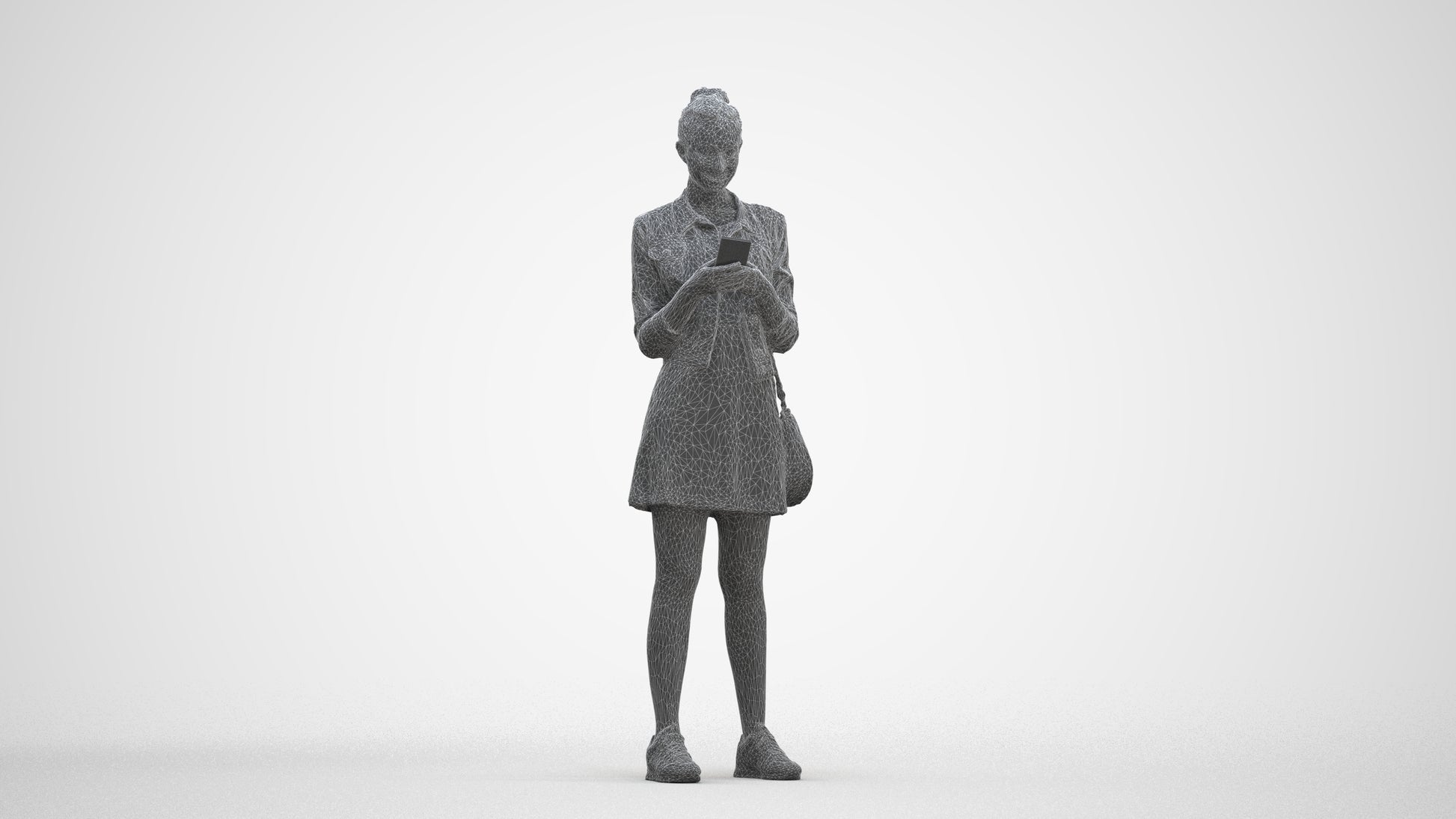 3D human model woman casual standing, photogrammetry scanned person for archviz, three-quarter front view render