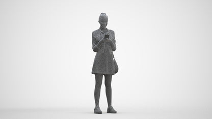 3D human model woman casual standing, photogrammetry scanned person for archviz, three-quarter front view render