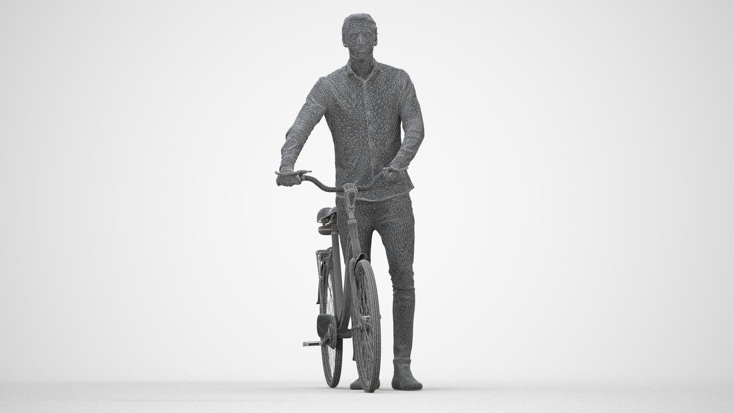 realistic 3D people man casual cycling, render-ready for V-Ray and Corona, FBX OBJ, wireframe back view