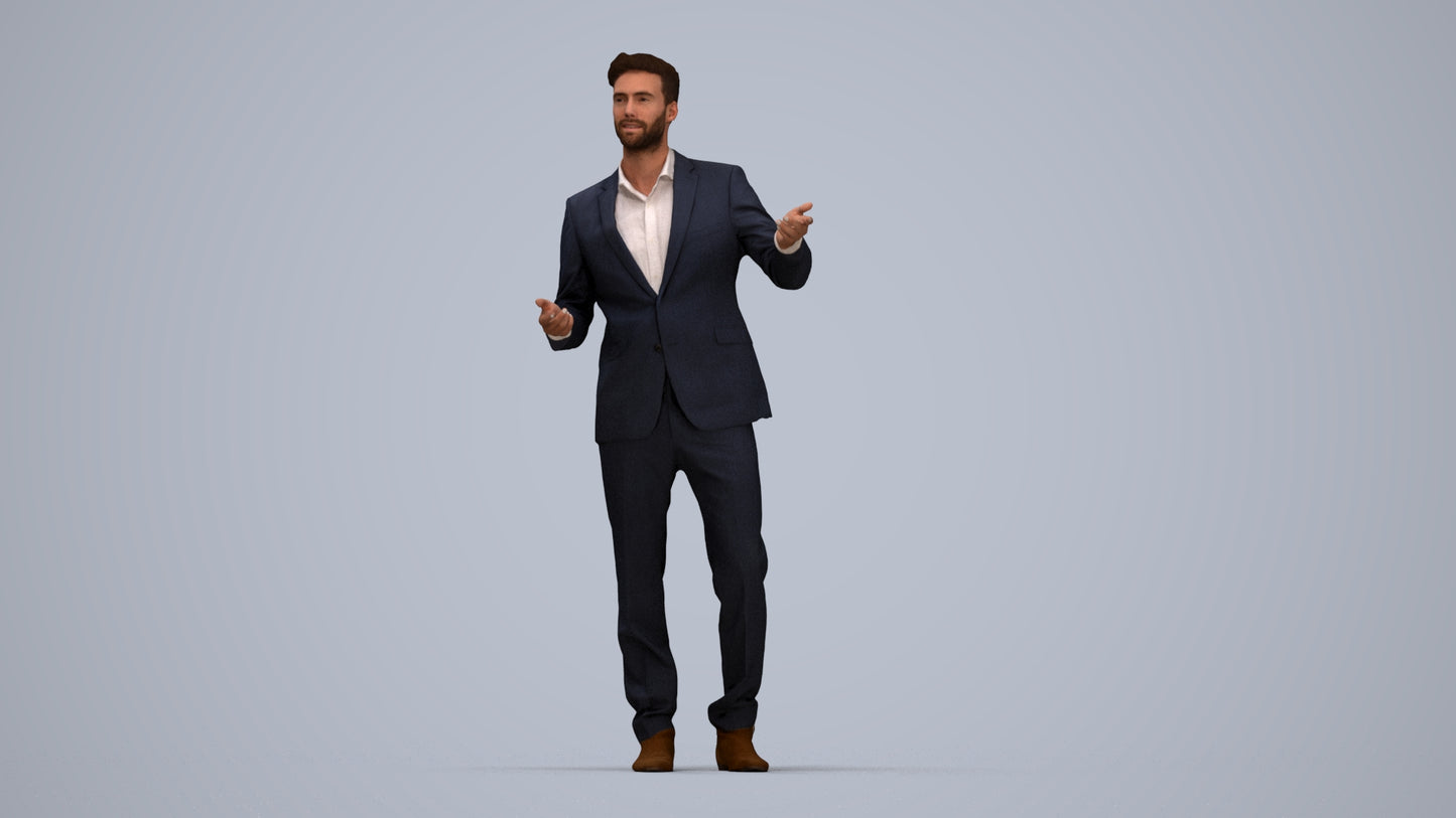 3D human model man business, photogrammetry scanned person for archviz, top-down view render