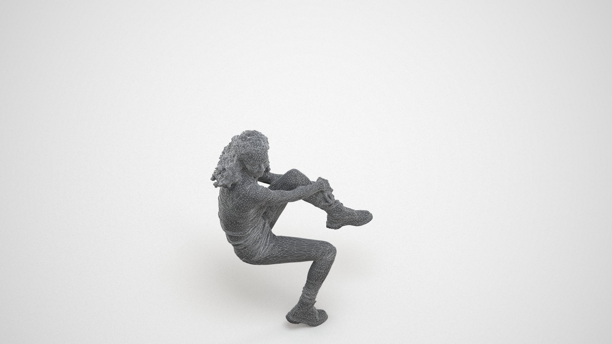 3D people model woman casual sitting, scanned human for 3ds Max rendering, wireframe three-quarter view