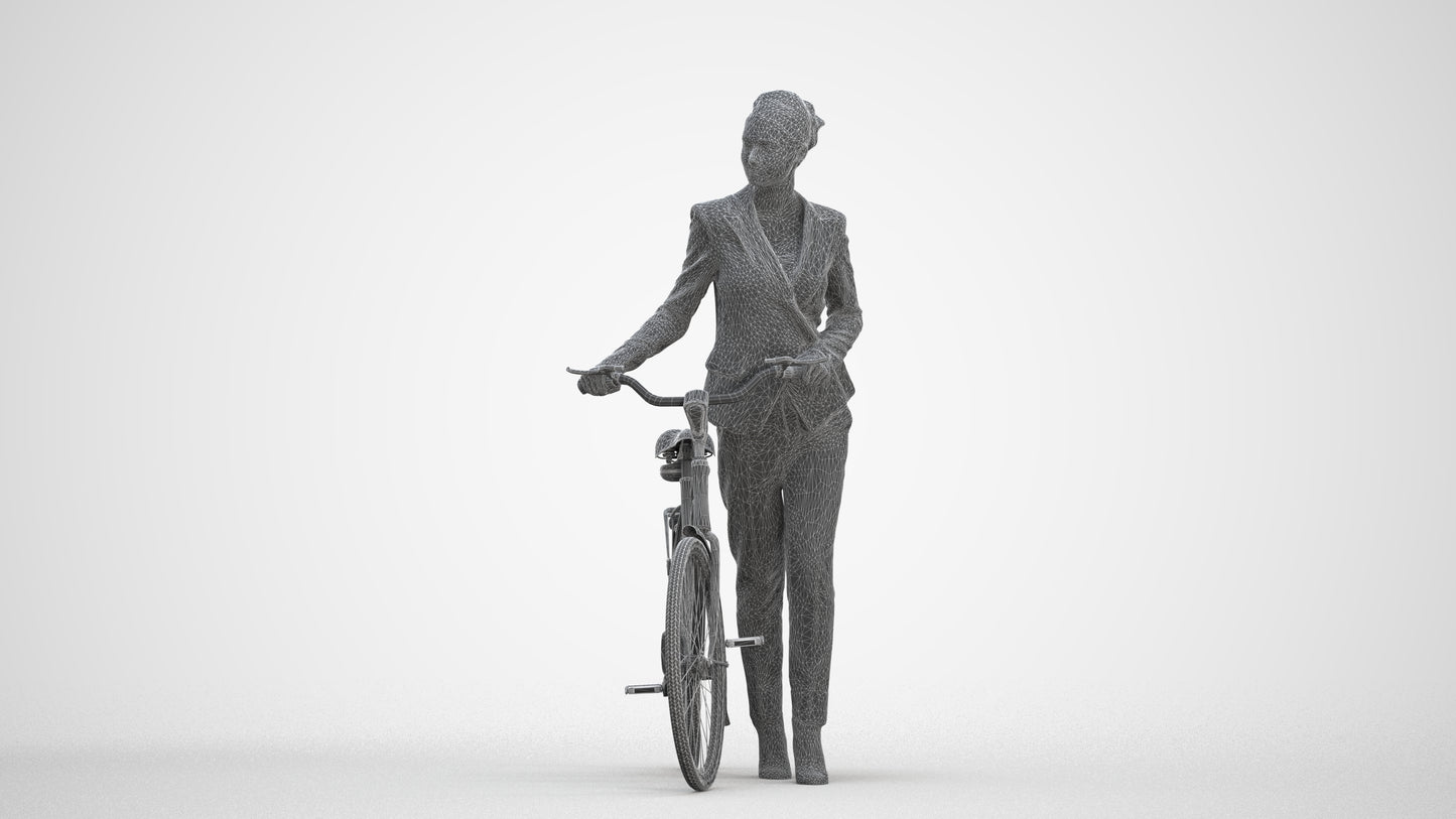 realistic 3D human woman business cycling, archviz people FBX OBJ for Blender, three-quarter front view render