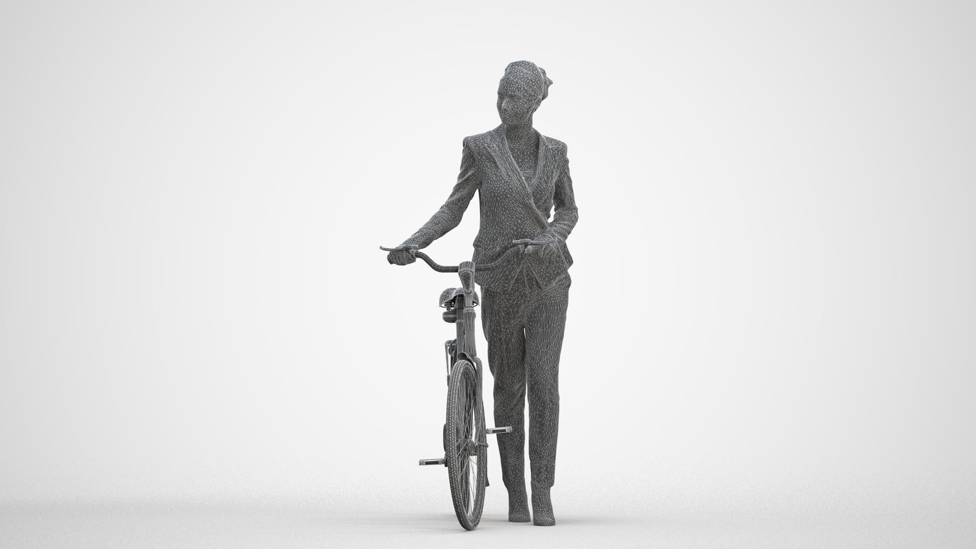 realistic 3D human woman business cycling, archviz people FBX OBJ for Blender, three-quarter front view render