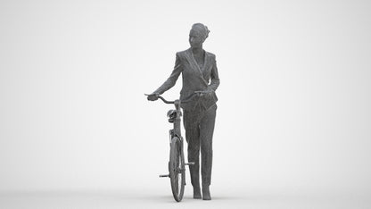 realistic 3D human woman business cycling, archviz people FBX OBJ for Blender, three-quarter front view render
