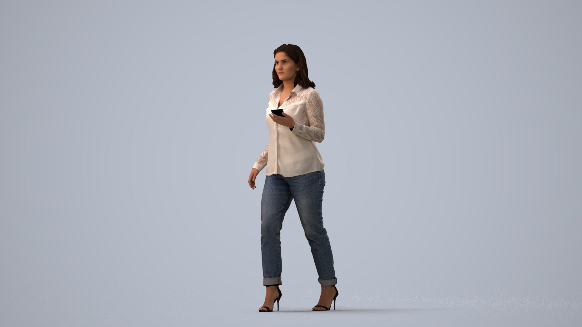 3D scanned woman walking casual, photorealistic archviz people for Enscape and SketchUp, three-quarter view render