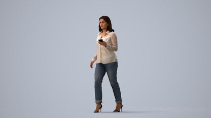 3D scanned woman walking casual, photorealistic archviz people for Enscape and SketchUp, three-quarter view render