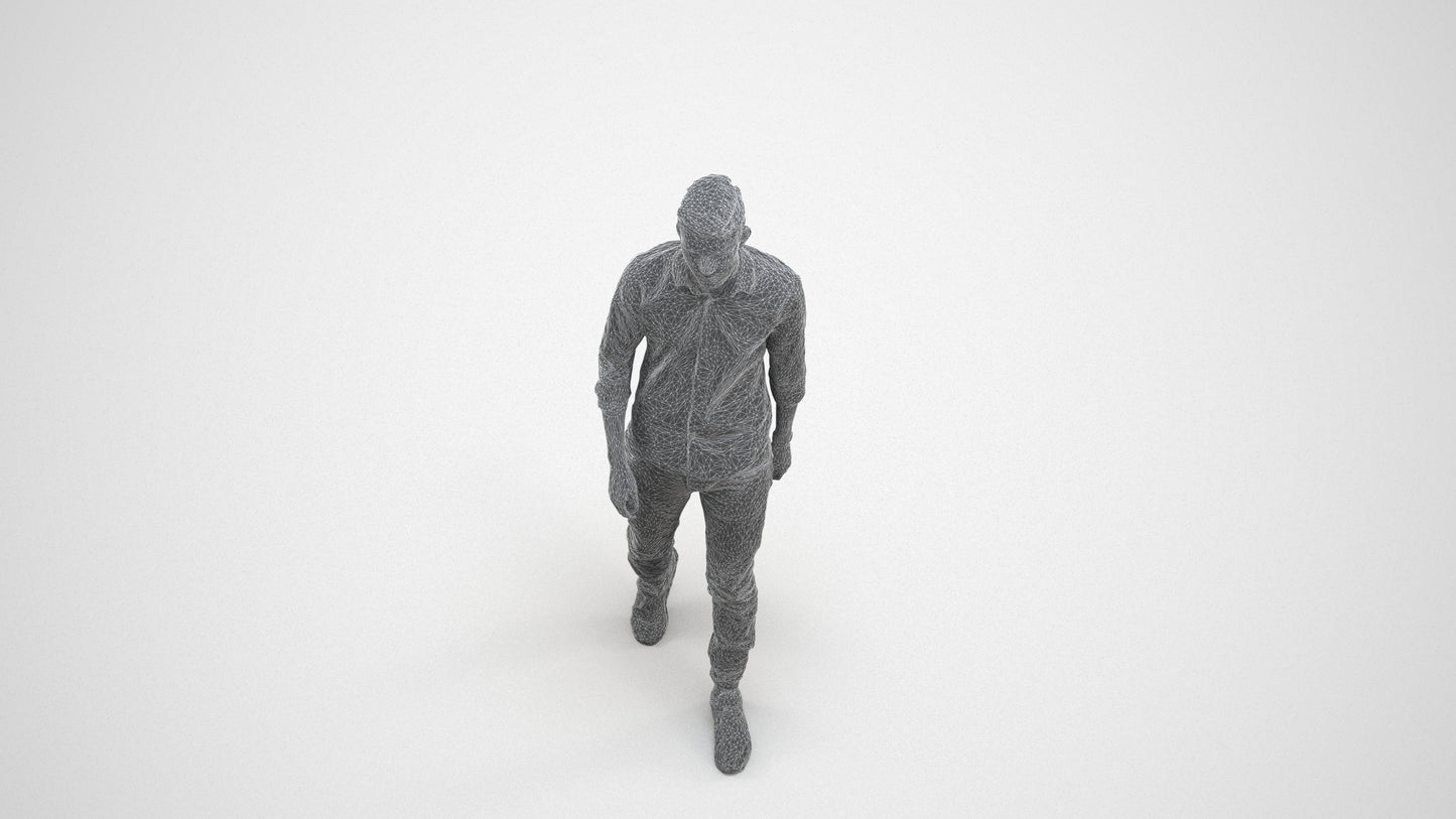 realistic 3D man casual walking, scanned archviz people for Blender and 3ds Max, wireframe three-quarter view