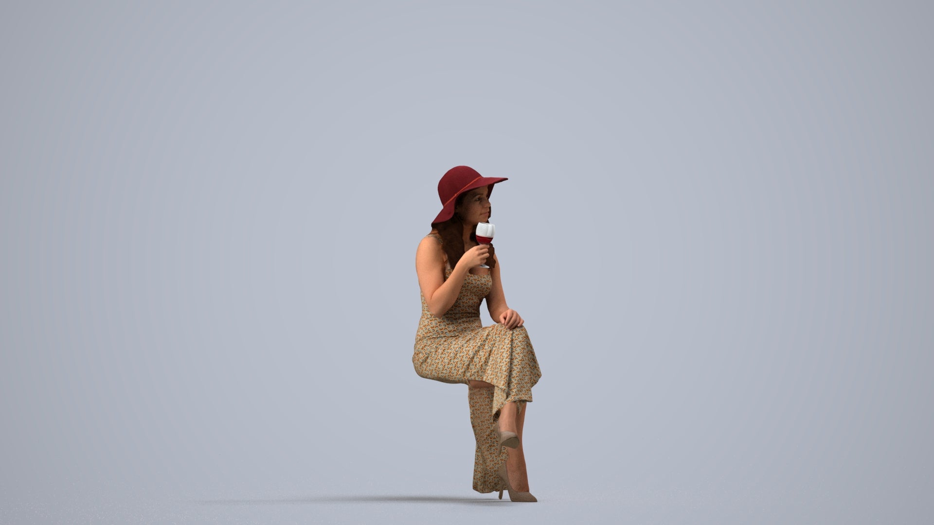3D human model woman casual sitting, photogrammetry scanned person for archviz, side view render