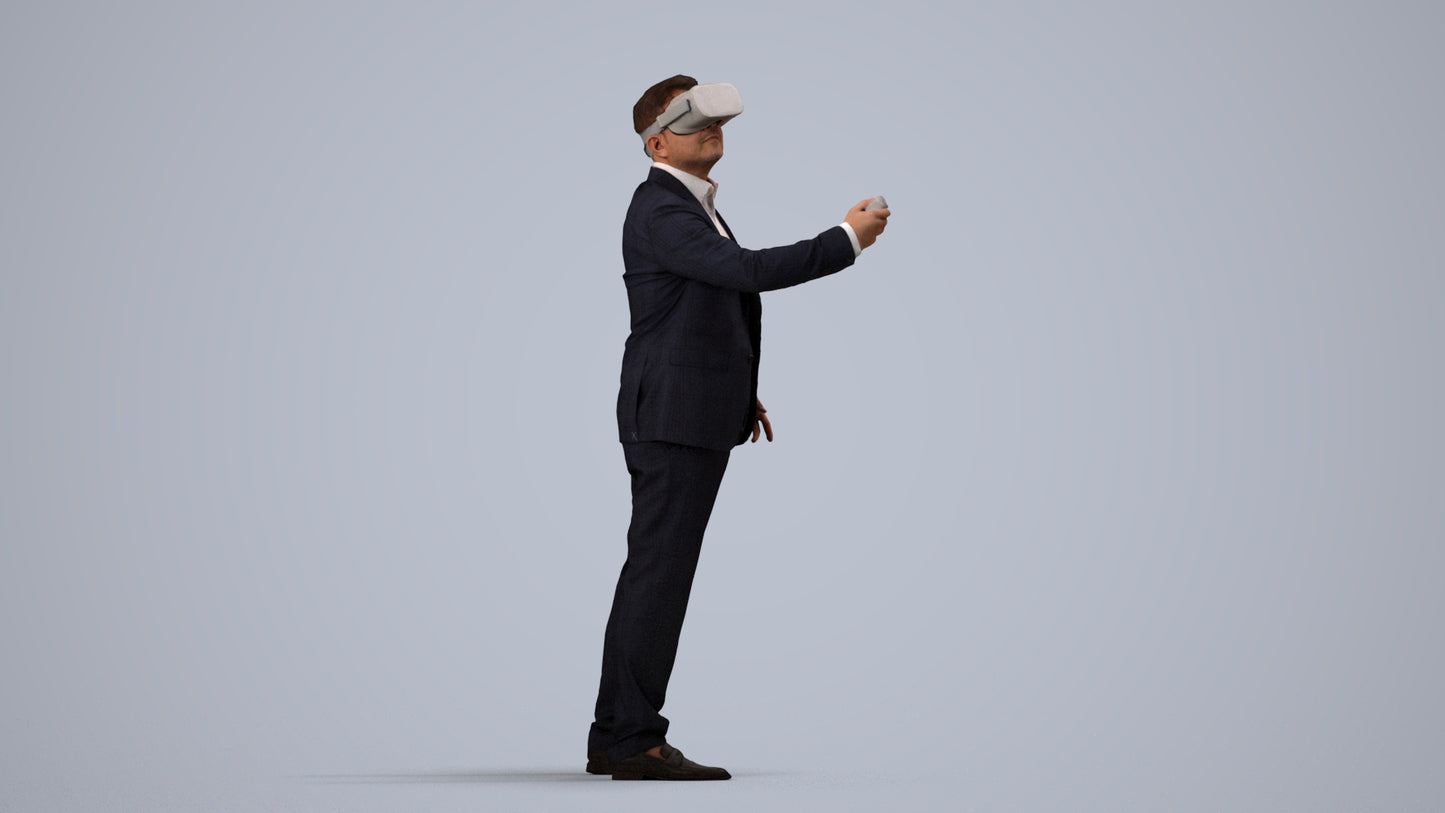 realistic 3D human man business standing, archviz people FBX OBJ for Blender, side view render