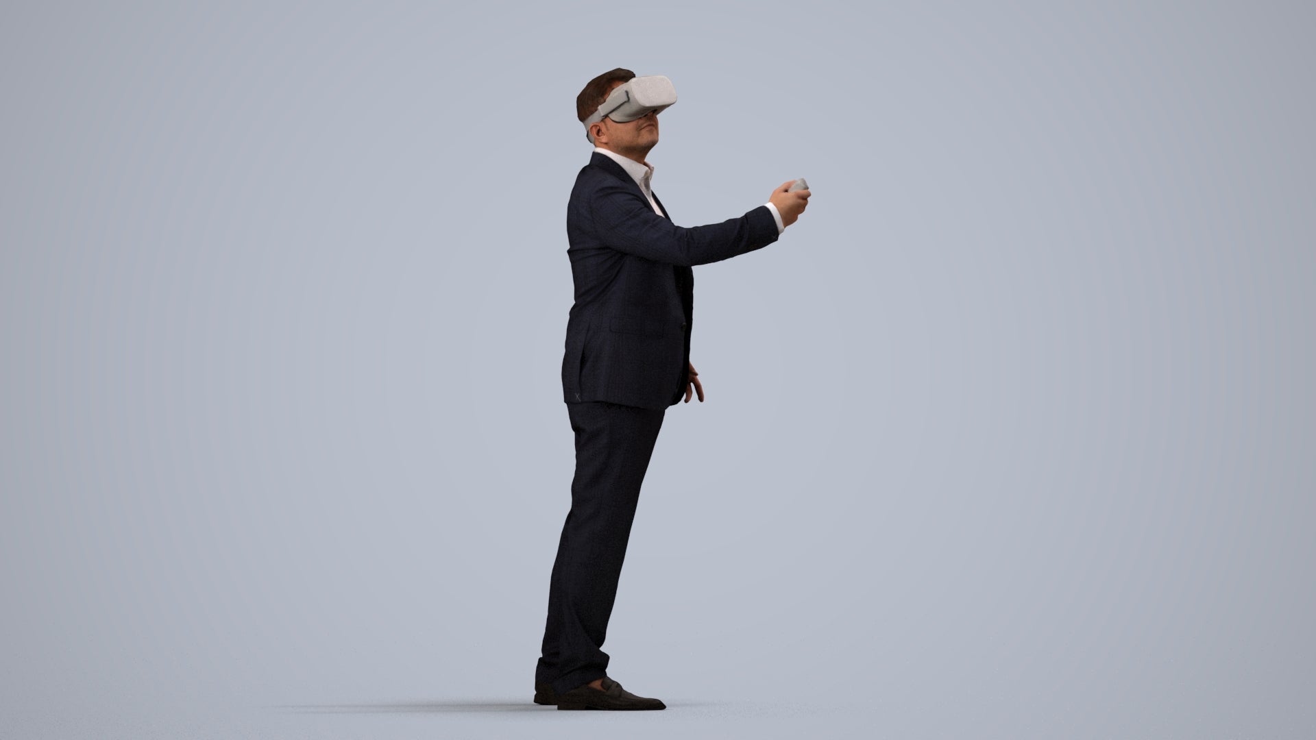 realistic 3D human man business standing, archviz people FBX OBJ for Blender, side view render