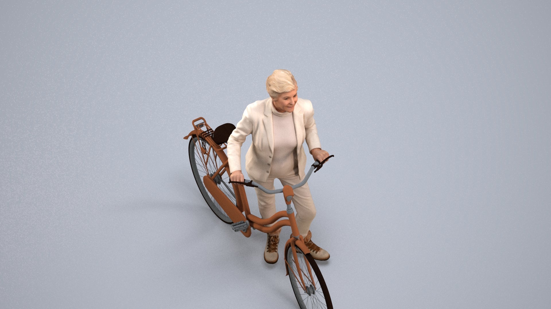 3D human model senior woman business cycling, photogrammetry scanned person for archviz, back view render
