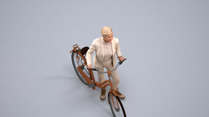3D human model senior woman business cycling, photogrammetry scanned person for archviz, back view render