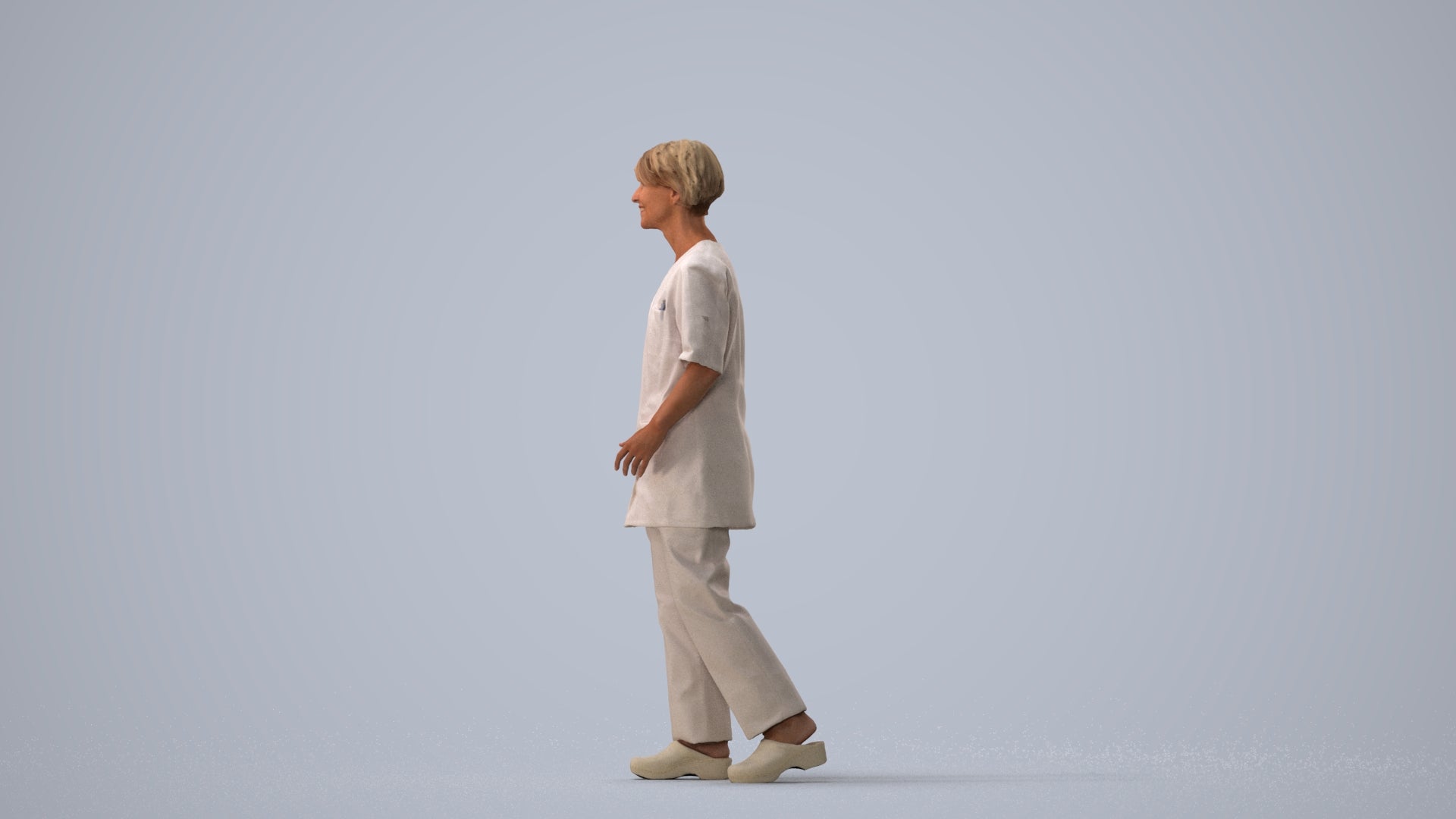 photogrammetry 3D woman standing, realistic human model archviz FBX, three-quarter view render