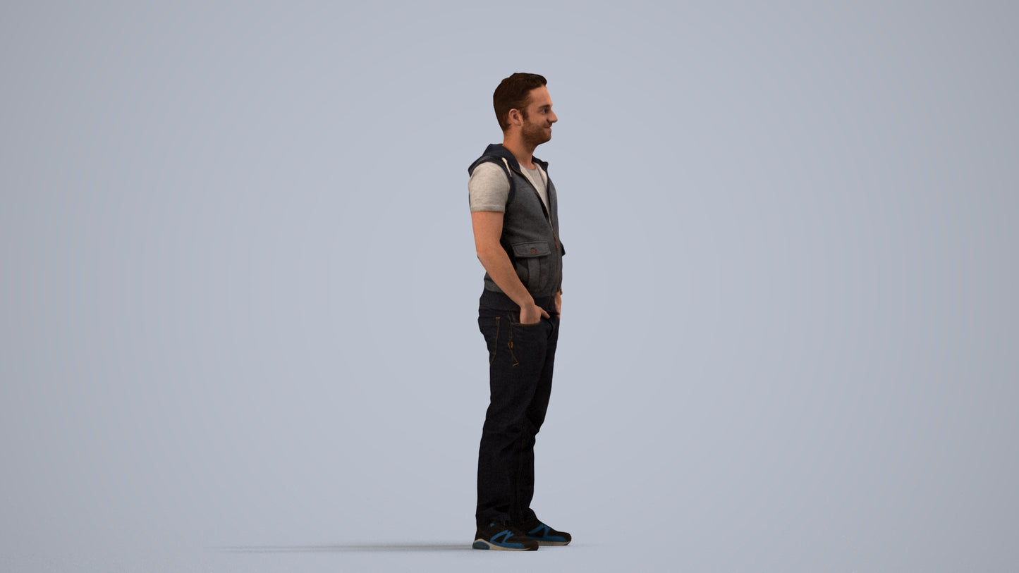 realistic 3D human man casual standing, archviz people FBX OBJ for Blender, side view render