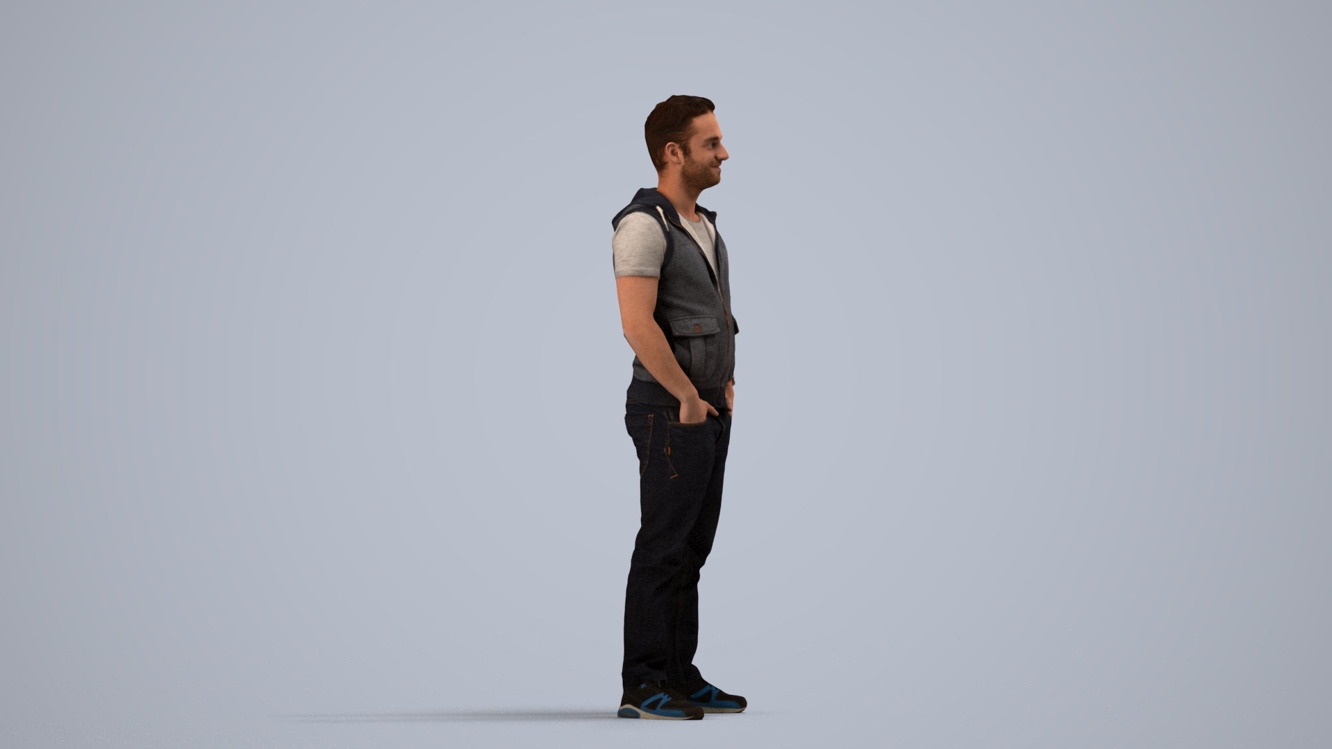 realistic 3D human man casual standing, archviz people FBX OBJ for Blender, side view render