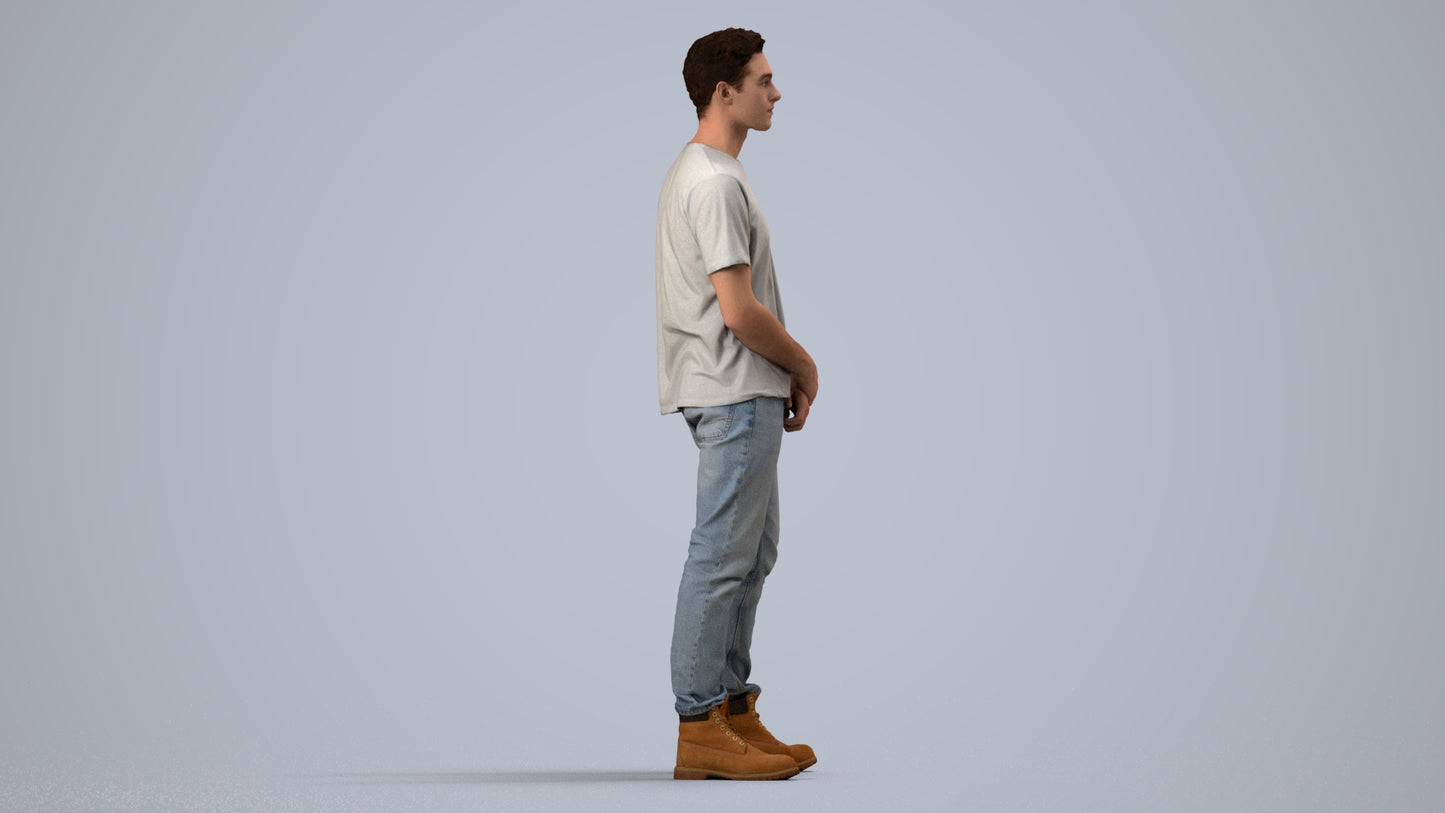 3D human model man casual standing, photogrammetry scanned person for archviz, side view render