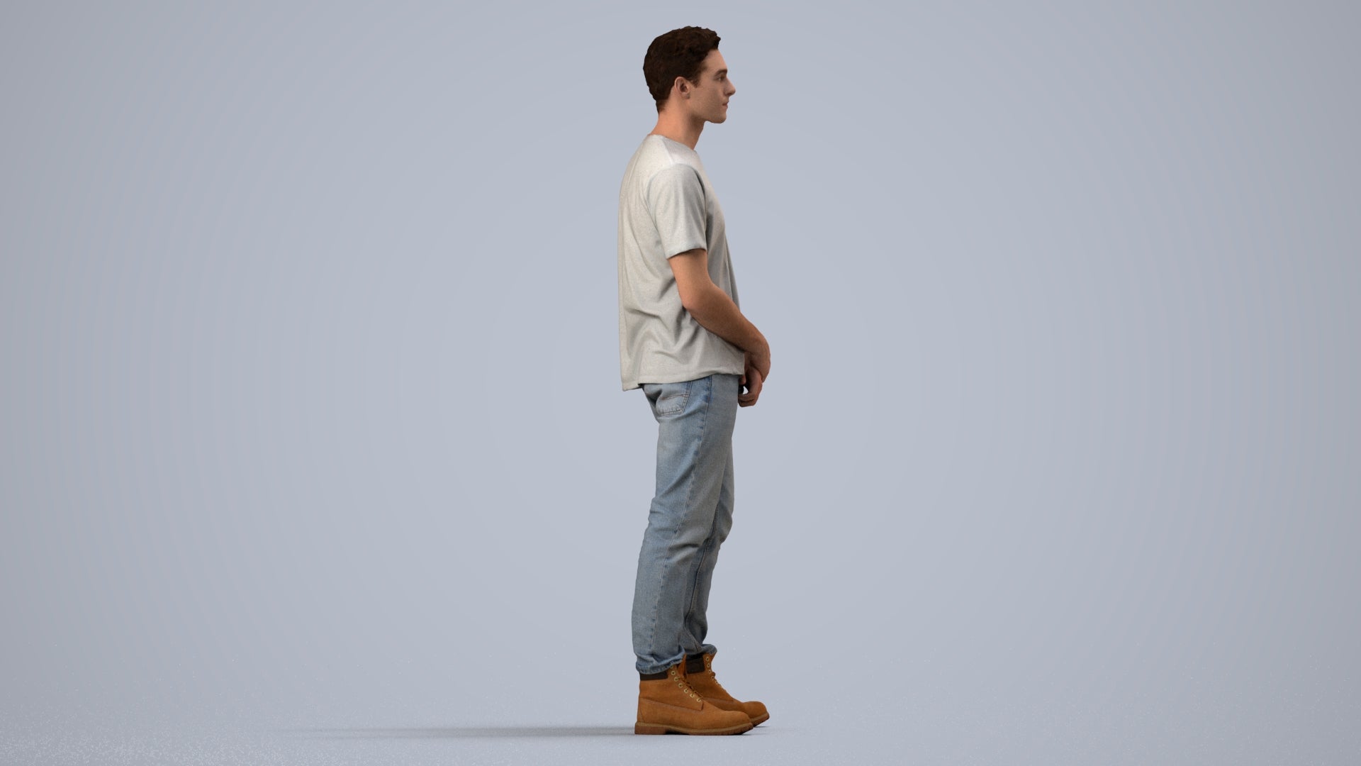 3D human model man casual standing, photogrammetry scanned person for archviz, side view render